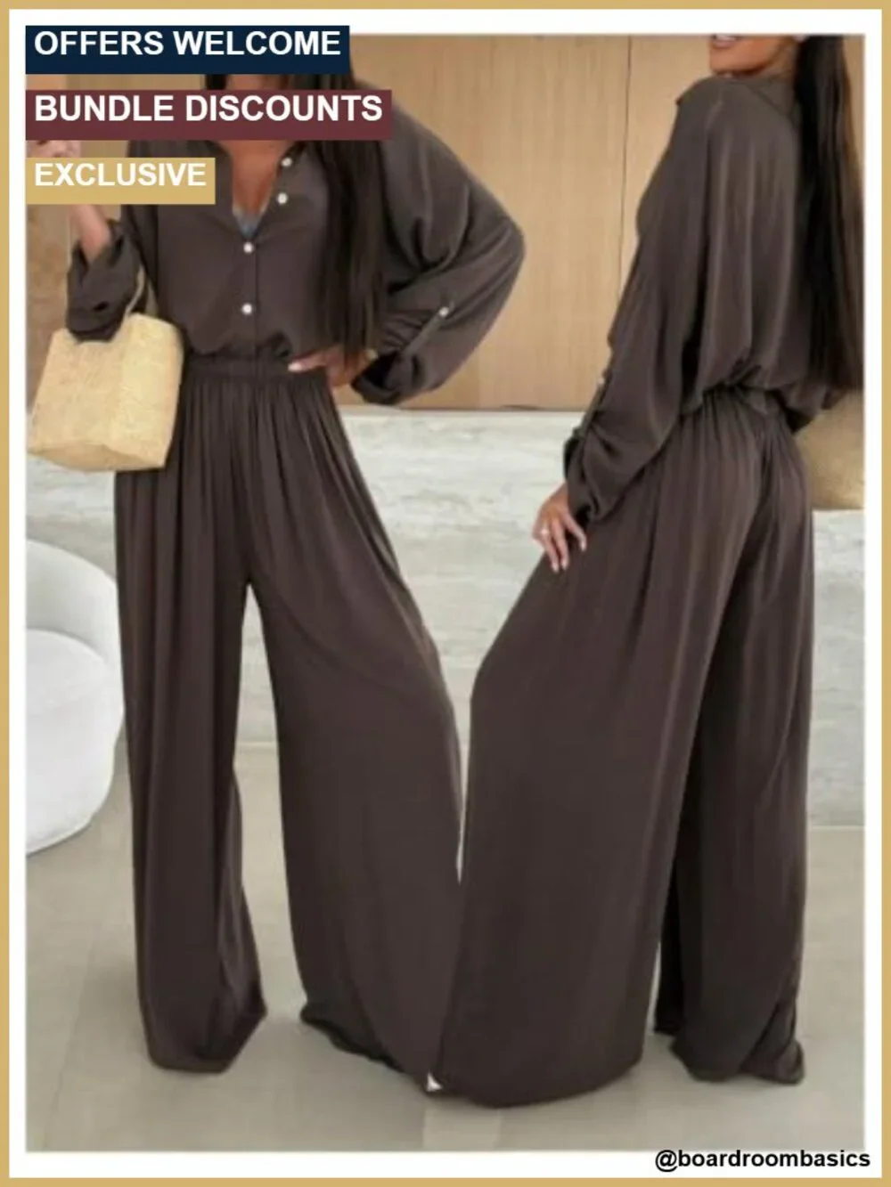 Verdusa Women's 2 Piece Set Collared Button Up Shirt & Wide Leg Pants